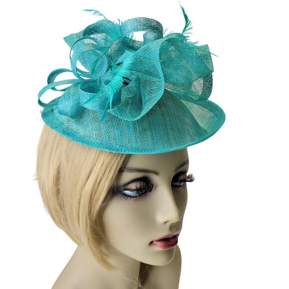 Teal Blue Fascinator with an Upturned Brim Sinamay Loops Rosettes and Feathers - Picture 4 of 16